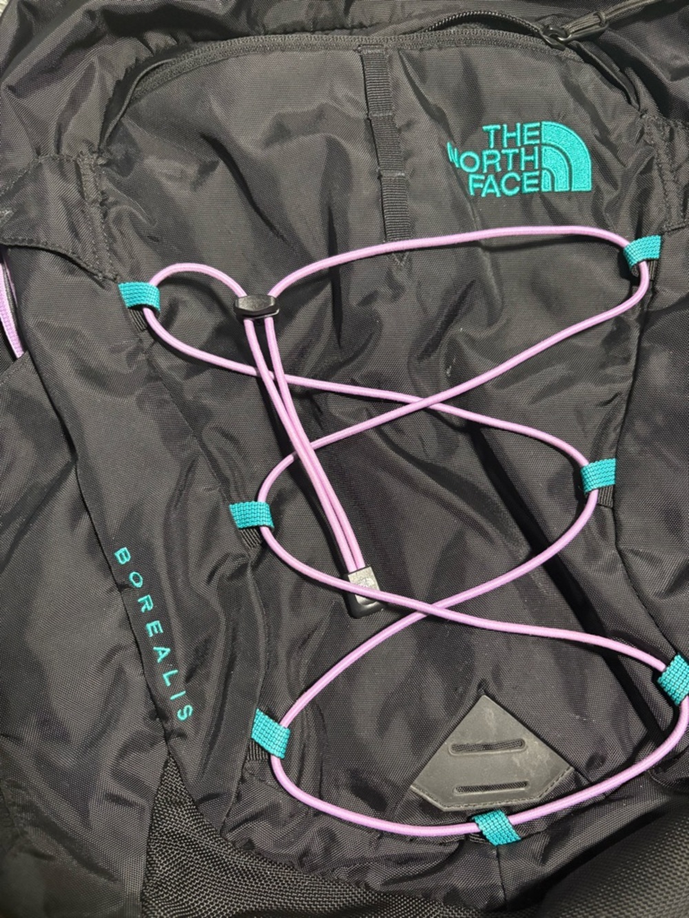 The North Face Black Backpack with Teal Logo and Lavender Bungee - Picture 5 of 6